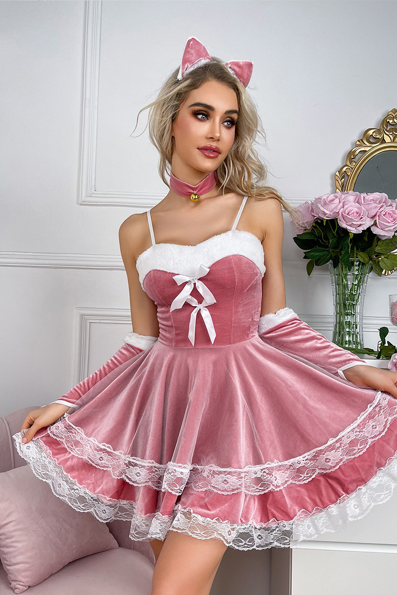  Sexy Pink Bunny Costume Lace Velvet Costume Dress Set